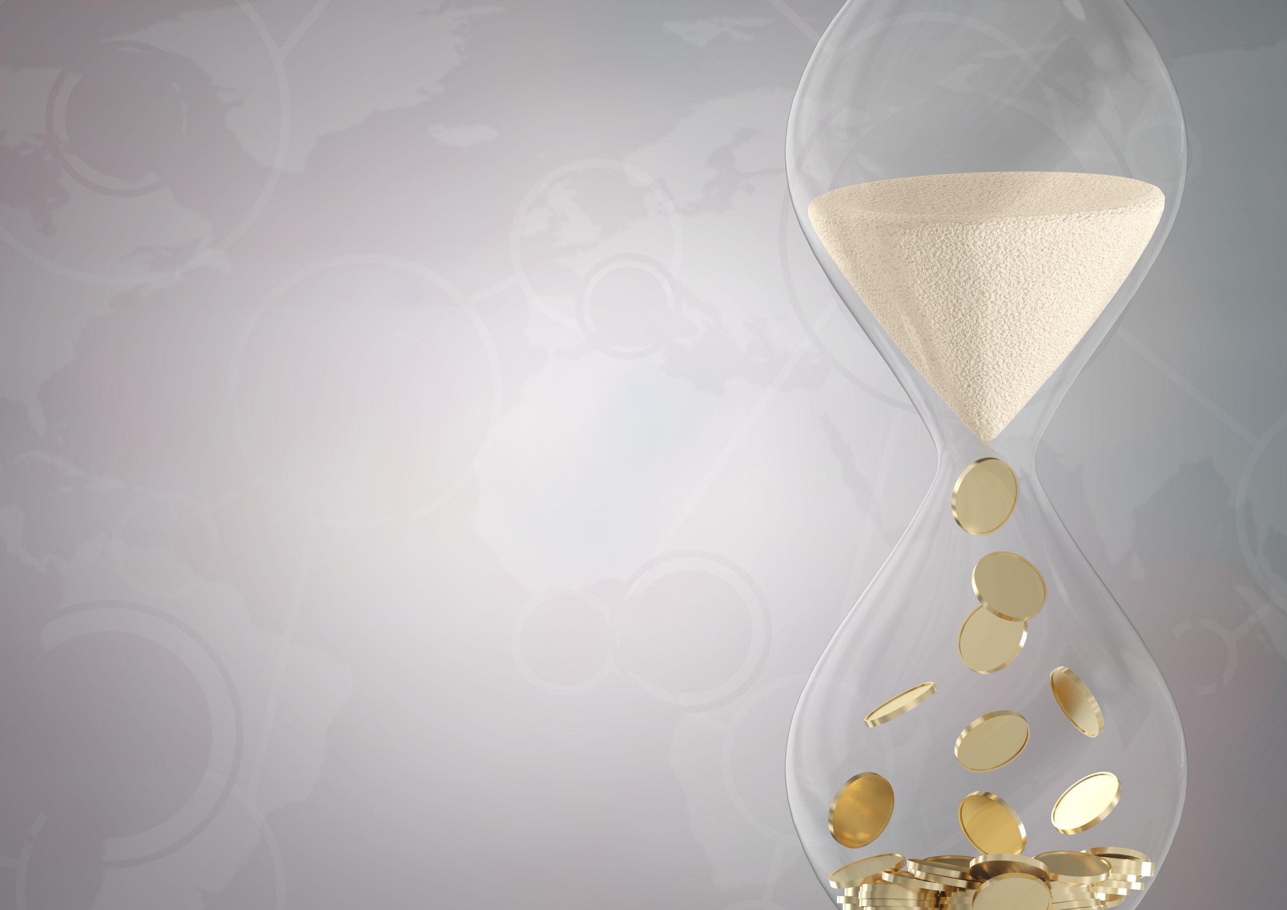 Sand and coins in hourglass  against world map