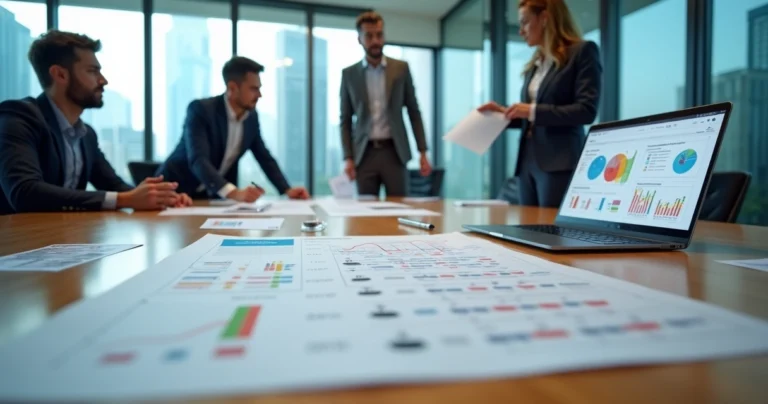 Gestores analisando contrato com gráficos de risco e economia